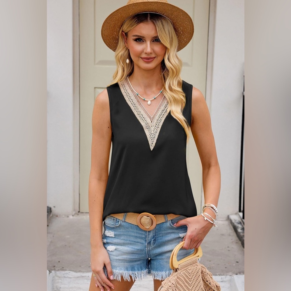 Black Lace V Neck Tank Top Women’s Large Blencot Summer Top
